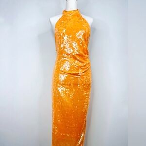 Caroline Constas Orange Halter Sequin Midi dress sz S NWT